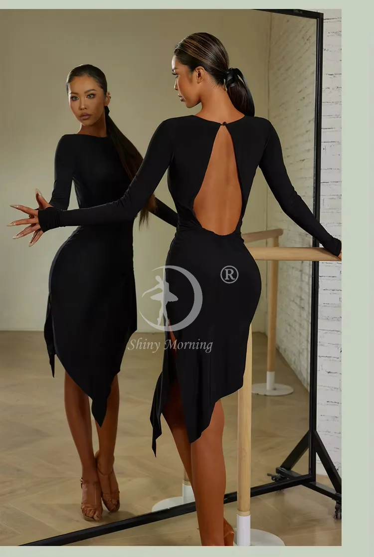 long black dance dress Unusual Black Dress With a High Collar. Black Tango Dress With High Slit. Beautiful Cutout Ball Gown. Ball Gown With Velvet Belt