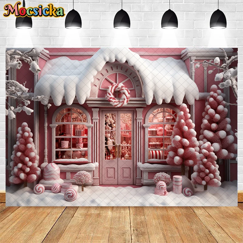 Mocsicka Pink Xmas Candy Store Background For Kids Family Portrait Photography Christmas Tree Wreath Gift Box Decor Props