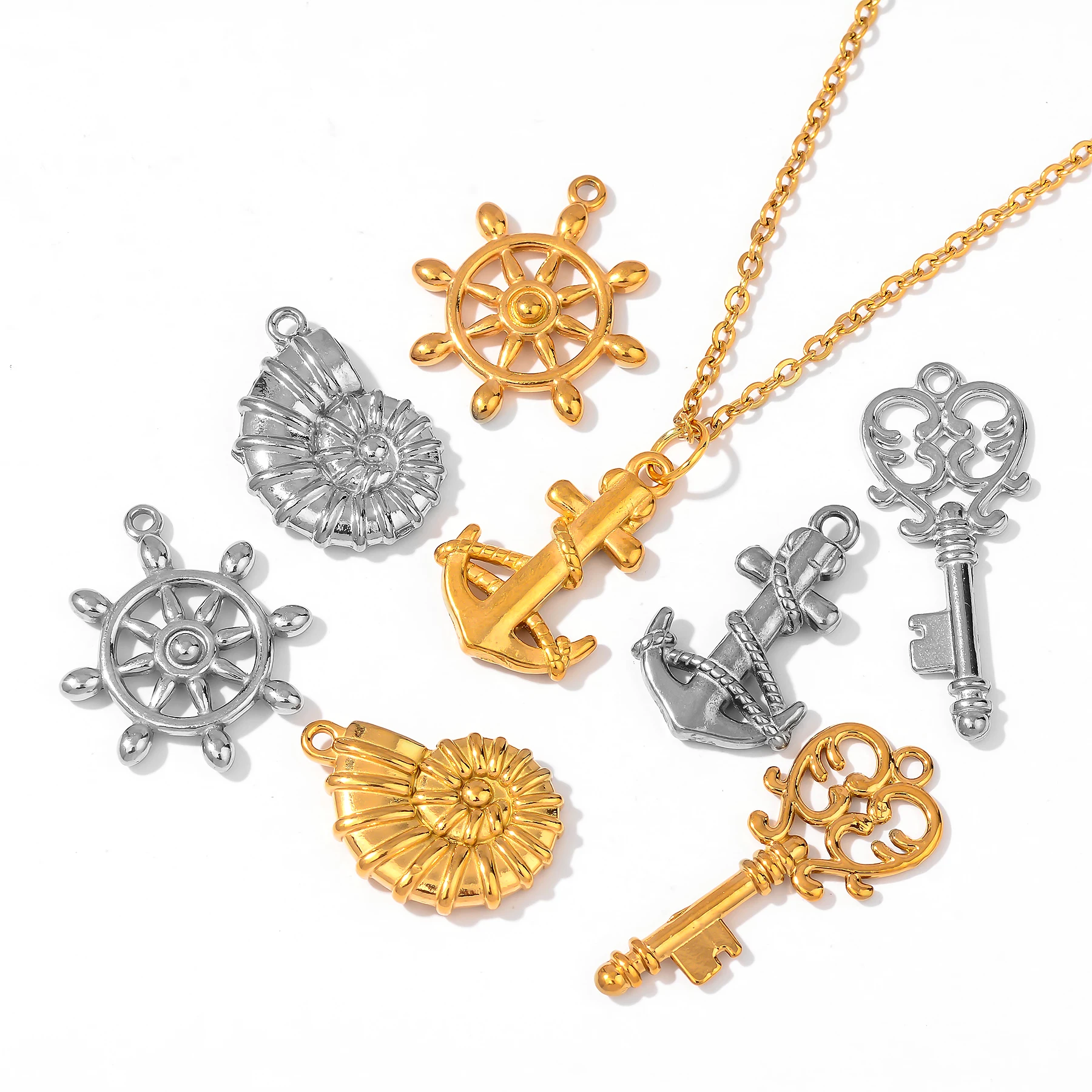 3Pcs Stainless Steel Conch Ship Anchor Key Charms Pendant For DIY Necklace Jewelry Making Handmade Accessories