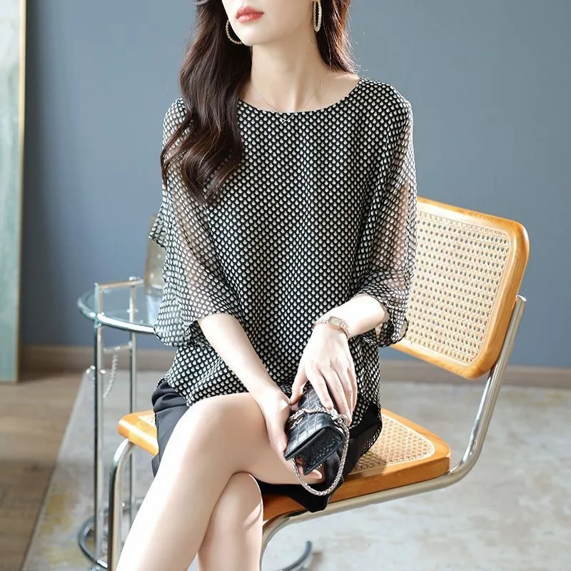 2025 Ladies Casual Fashion Loose Style Chiffon Shirt Batwing Sleeve Printing O-neck Pullover Summe Rnew Style 3/4 Sleeve Tops