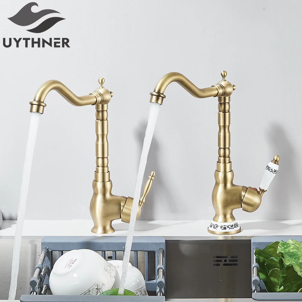 

Antique Brass Bathroom Kitchen Faucet Single Handle Brass Rotating Neck Kitchen Mixer Faucet Hot Cold Water Basin Tap One Hole