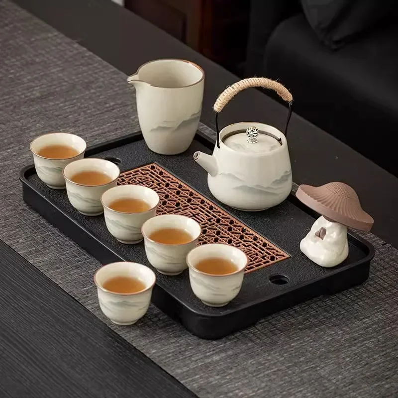 Ru Kiln Kung Fu Tea Set Home Living Room Ceramic Teapot Cover Bowl Tea Cup Full Set Office High-end Tea Maker Travel Infuser Set