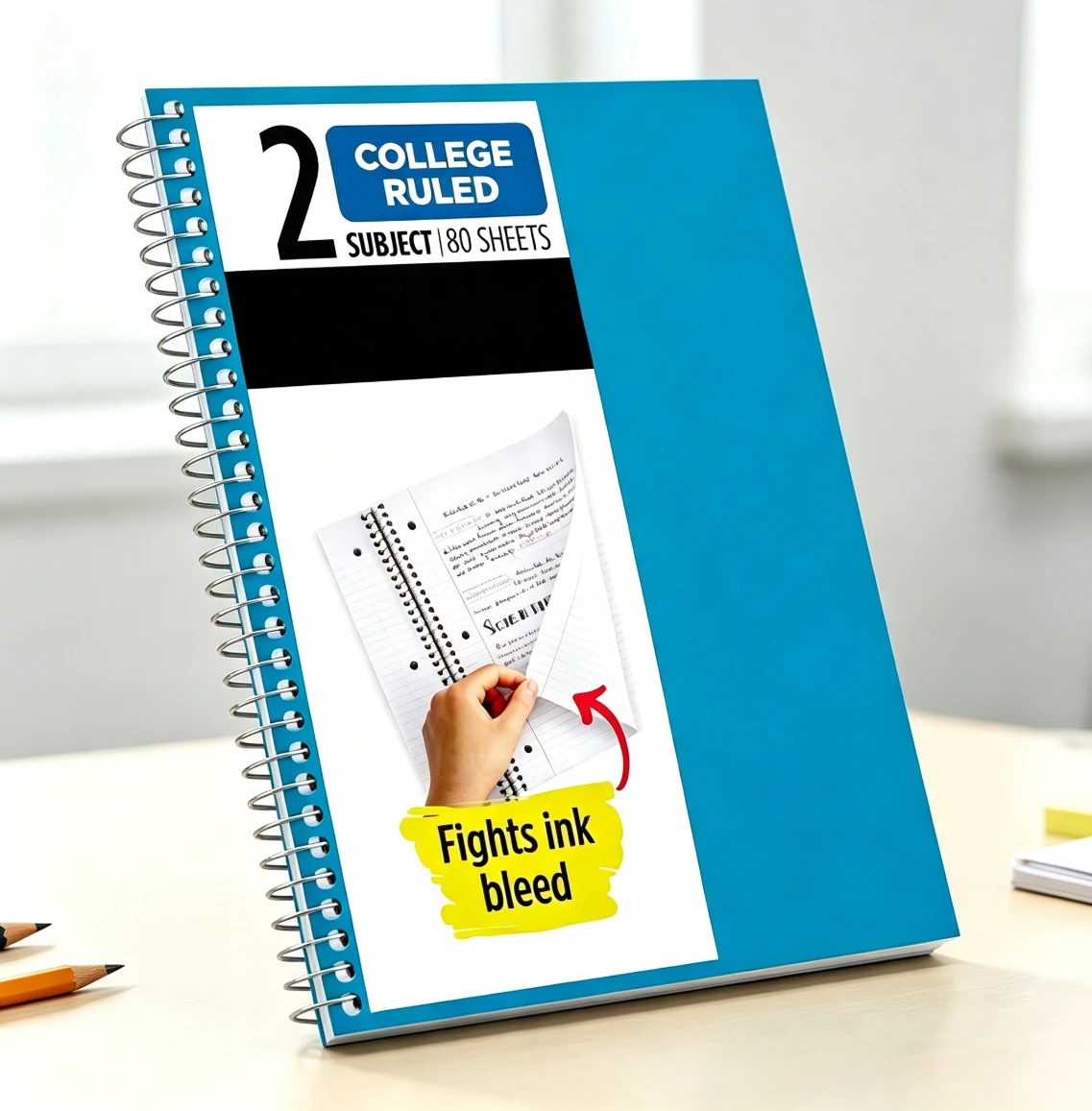 2 Subject College Ruled Spiral Notebook 9.5"x6", 80 Acid-Free Perforated Pages, Water Resistant Cover with Pocket, Back To School Student Notebook