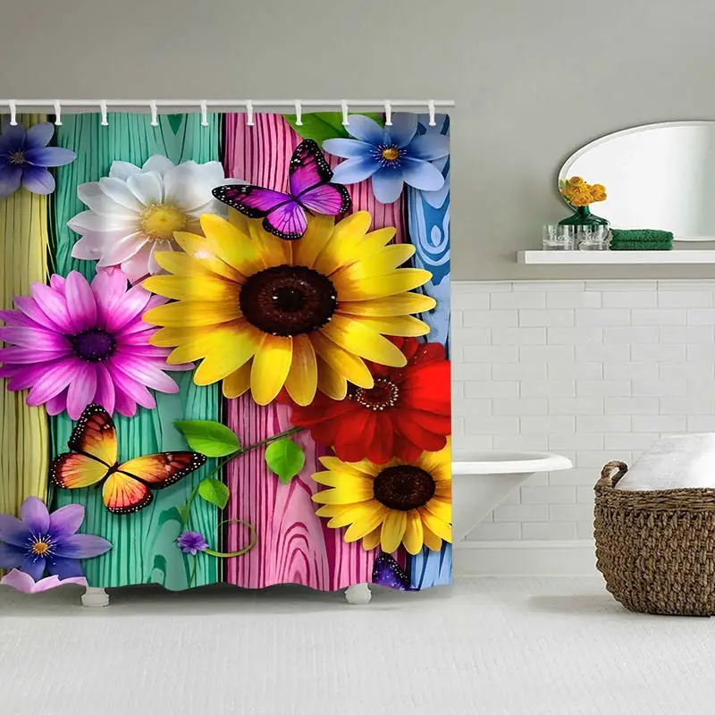 Sunflower Bathroom  Shower Curtain Colored Wood p Waterproof fabric bathroom Curtain With 12 Hooks Sunflower Home Deco Free Ship