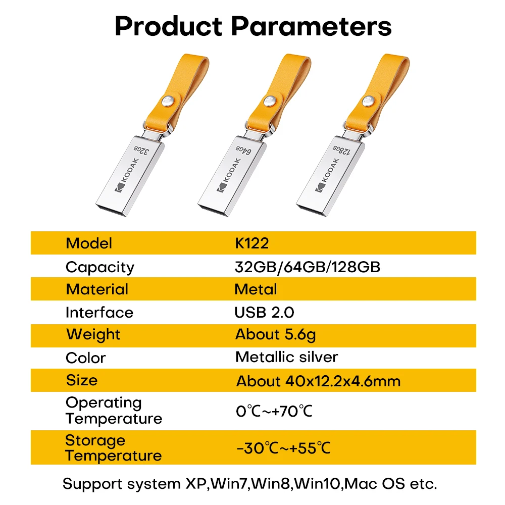 KODAK K122 Mini unità flash USB in metallo Cordino per chiavi Pen Drive USB 2.0 Thumb Drive 32 GB 64 GB per laptop per auto Destops MacBook