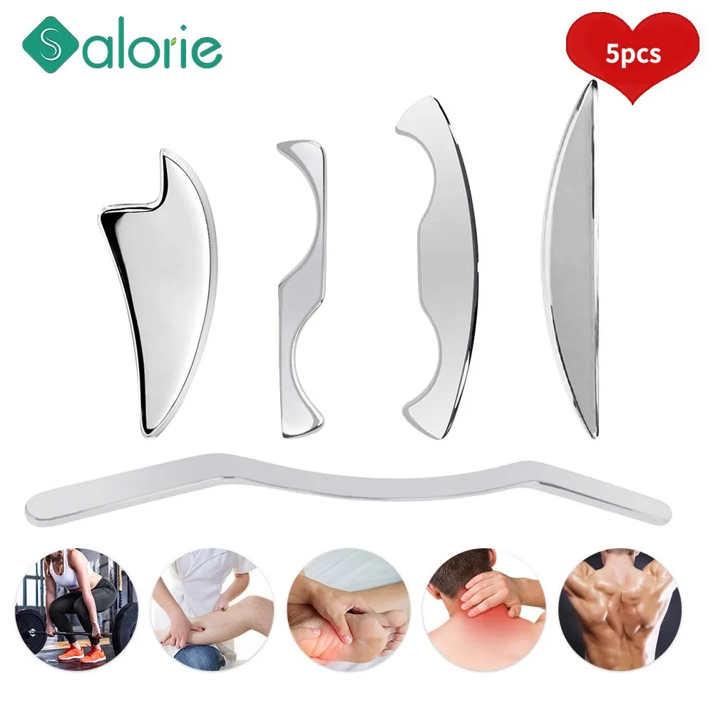 5pcs Stainless Steel Gua Sha Scraping Massage Tools Set IASTM Tool Great Soft Tissue Mobilization Physical Therapy Body Massager