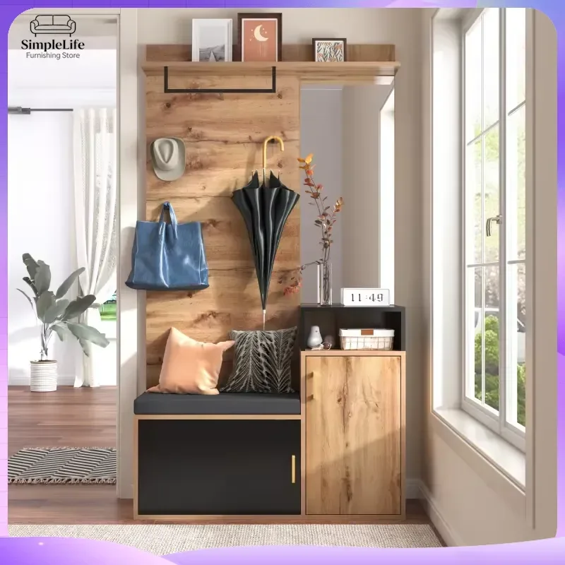 4 Hook Wall Mounted Shoe Cabinet with Mirror and Top Shelf Entryway Storage Bench Hallway Shoe Rack Organizer for Small