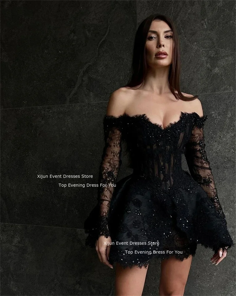 Xijun Sexy Mini Black Evening Dresses Lace Flowes Sweetheart Prom Dresses Birthday Cocktail Party Gowns Sequined Prom Gowns