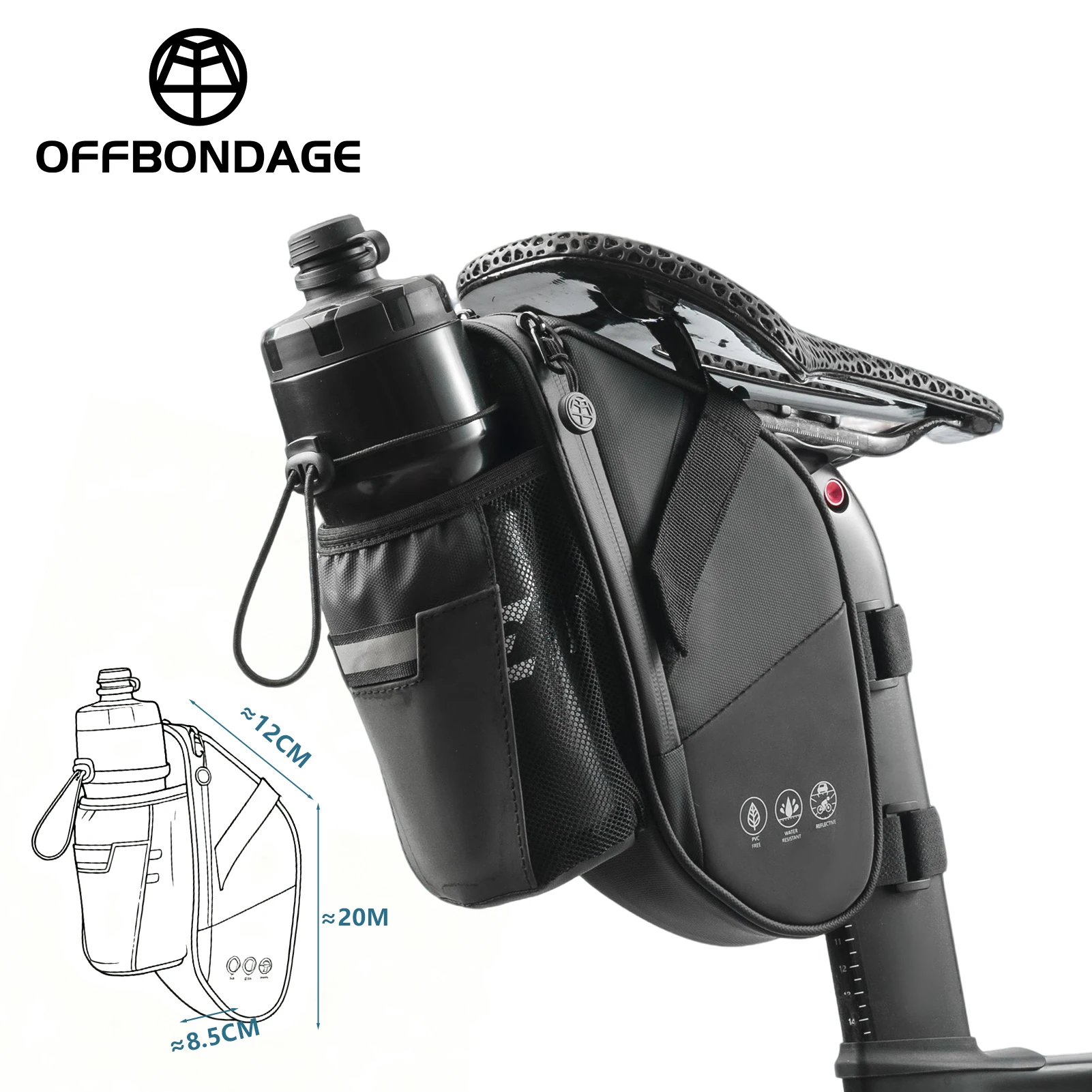 OFFBONDAGE Fahrradsatteltasche mit Wasserflaschenhalter, wasserdicht, reflektierend, 2 l, Fahrradsatteltasche, Aufbewahrungstasche für MTB-Fahrräder, Hecktasche