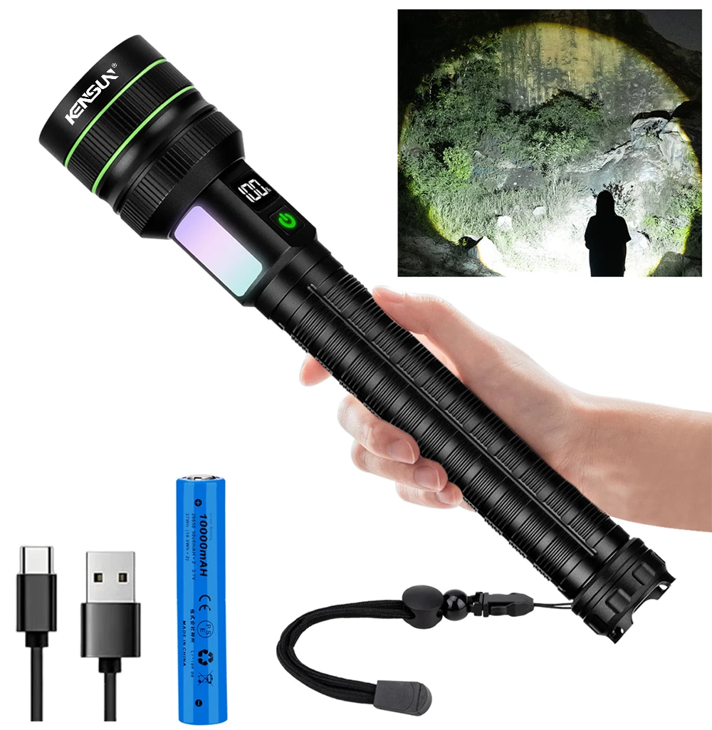 KENSUN Most Powerful  Rechargeable LED Flashlight Tactical Torch Light For Fishing Hunting Type-c Flashlight Long Range 6000M