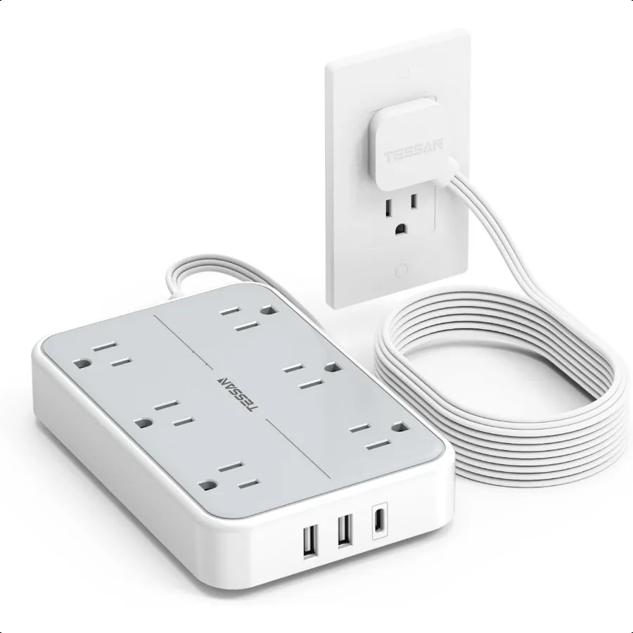 

TAN Flat Extension Cord 10 FT with Flat Plug Power Strip Small Extension Cord with 6 AC Outlet 1 USB C and 2 USB A 1080J Surge
