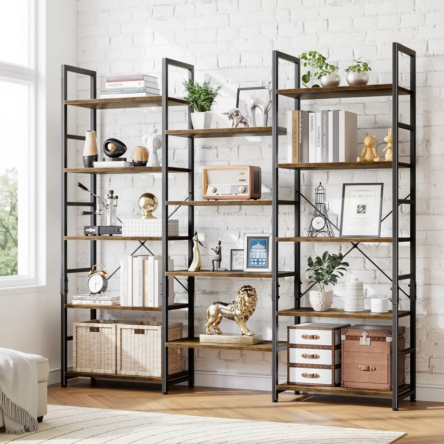 5 Tier Bookshelf, Rustic Industrial Style Bookcases with 14 Open Display Shelves, Modern Tall Bookcase Furnit