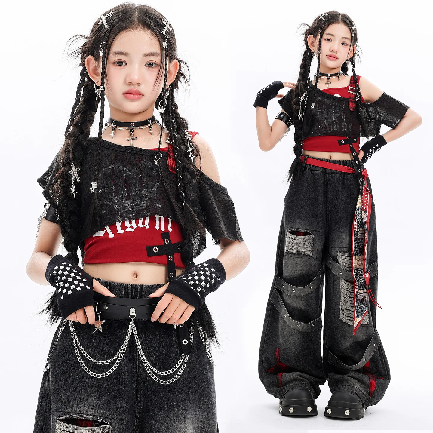 Girls Hip Hop Black Smock Gothic Vest Ripped Jeans Kids K-pop Denim Pants Street Dance Clothes Sets Children Girl Group Costumes
