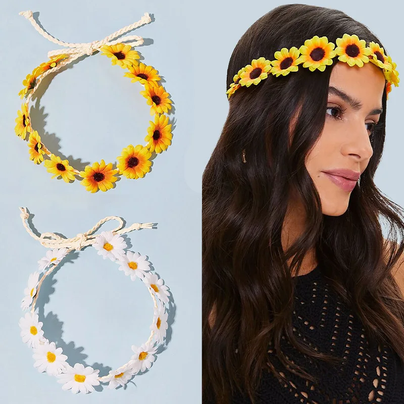 2Pcs/Set Bohemian Fashion Braided Rope Sun Flower Daisy Hairbands For Women Girls Party OutDoor Headband Ethnic Hair Accessories