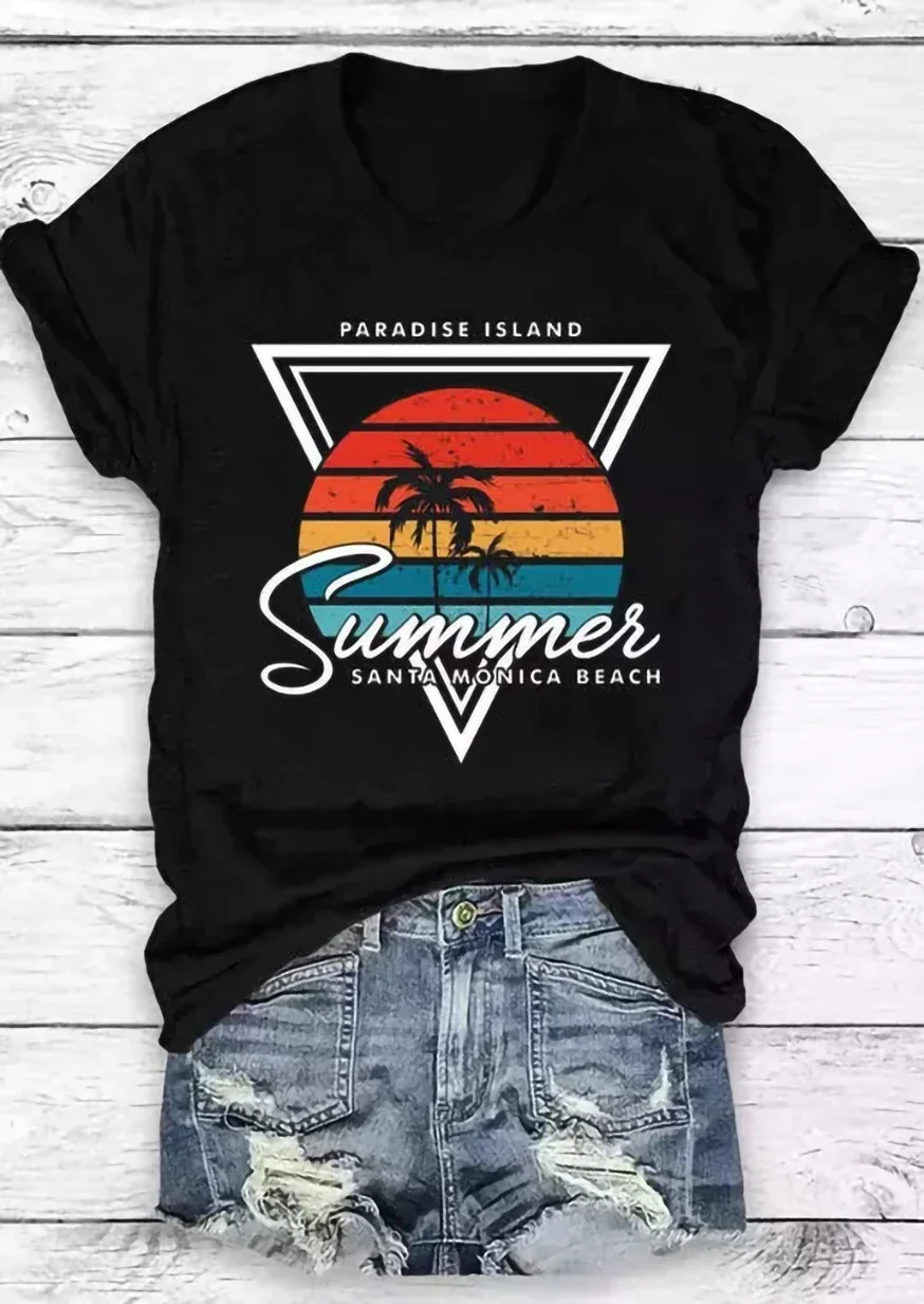 Y2k Short Sleeves T-shirt Women T-Shirt Summer Santa Monica Beach Shirs Beach Sunset Coconut Tree Graphic Tee Summer Trendy Top