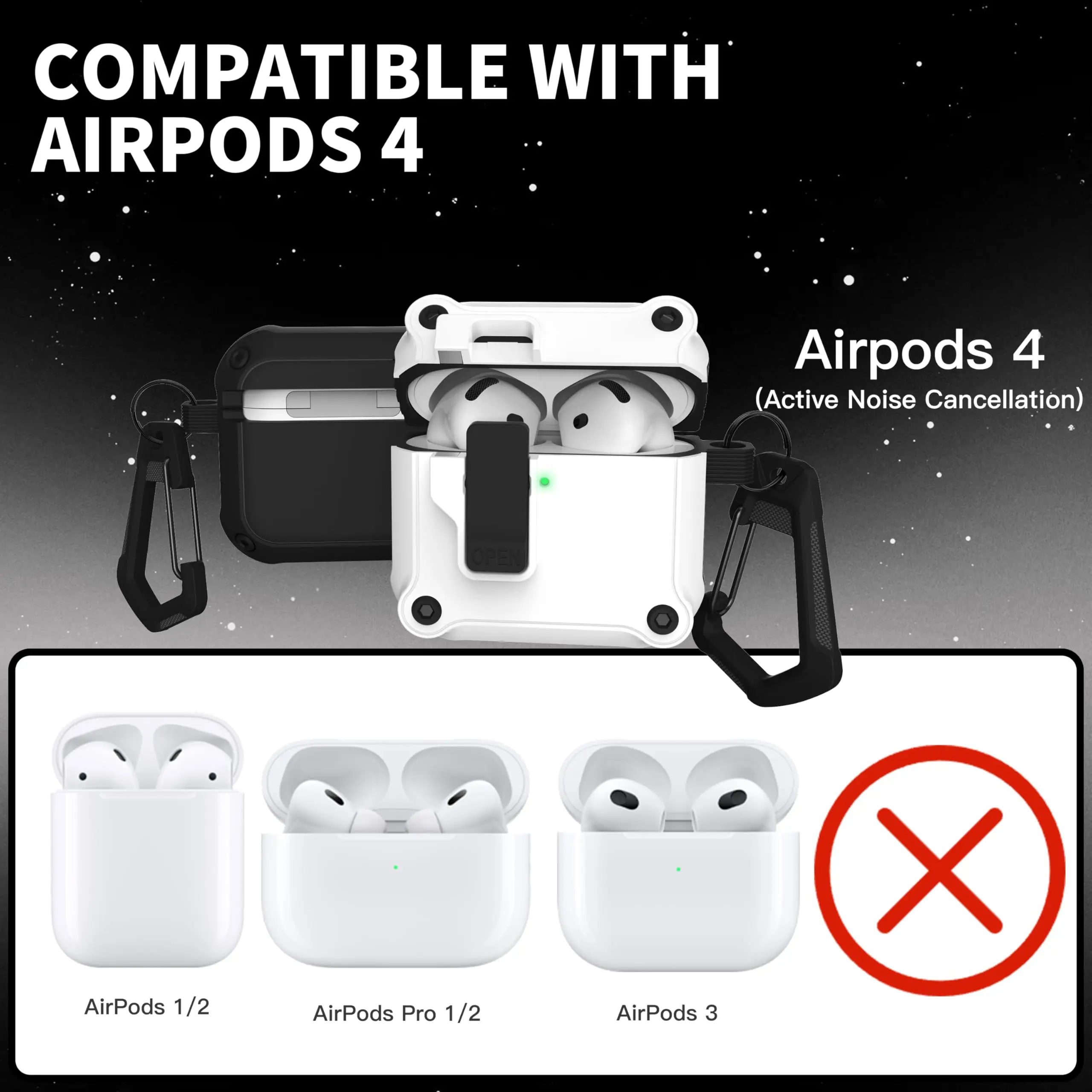 NewFor AirPods 4/AirPods 4 with Active Noise Cancellation Case Auto-Open Lid Lock Strong Drop Protect with Cleaning Kit/Keychain