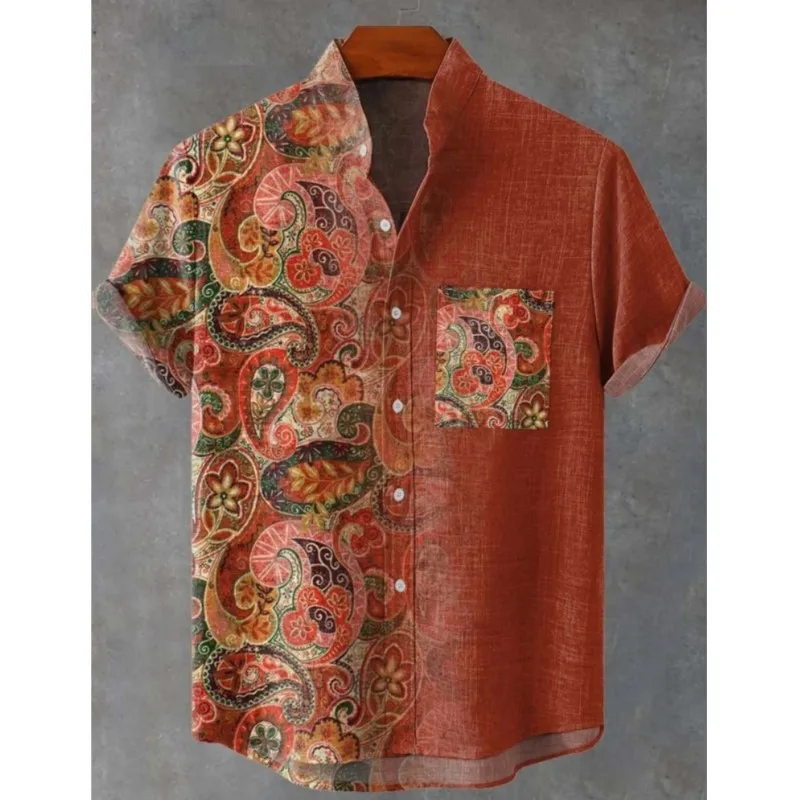 Men's Casual Fashion Linen Shirt, Short Sleeve Top, Floral Art Print Hawaiian Shirts 2025 Senior Social Shirt Camisa Masculina