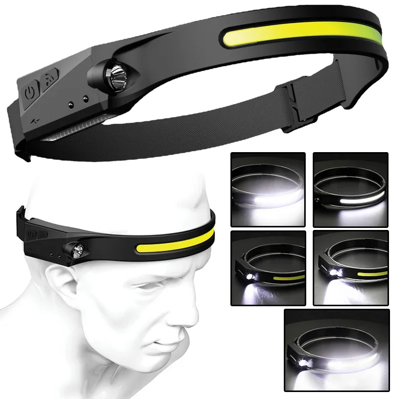 

Induction Headlamp COB LED Sensor Head Lamp Built-in Battery Flashlight USB Rechargeable Head Torch 5 Lighting Modes Headlight