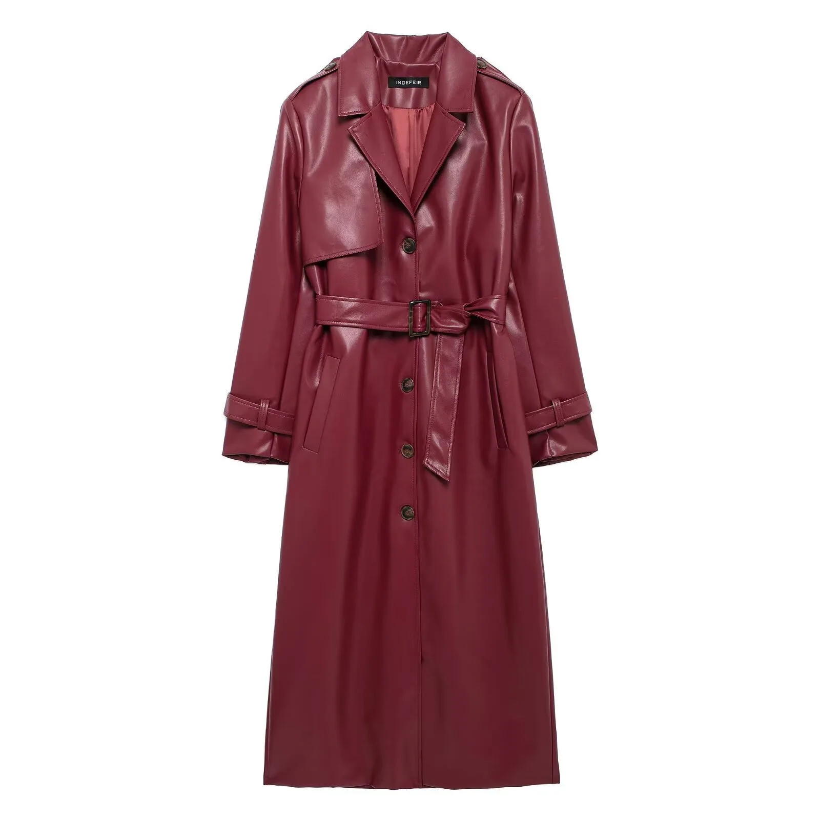 

Women's Burgundy Faux Leather Trench Coat Belted Notch Lapel Long Sleeve Maxi Overcoat