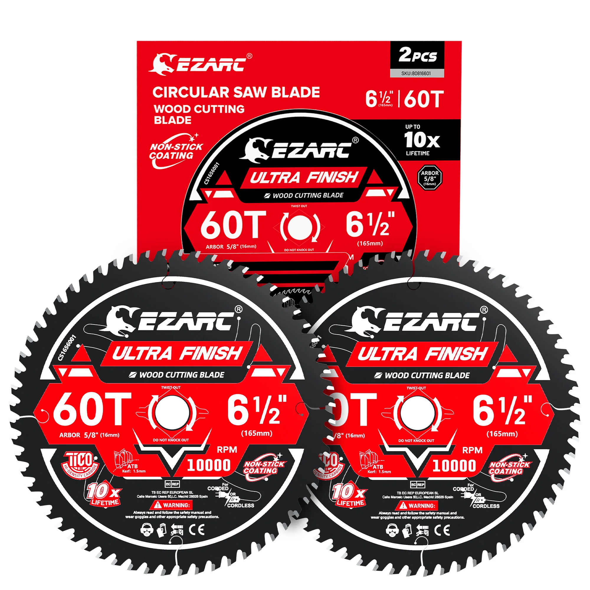 EZARC Circular Saw Blade 60T – 10X Life, Ultra-Thin 1.5mm Kerf, Non-Stick Coating, 6-1/2 Inch 2Pcs Wood Cutting Blades