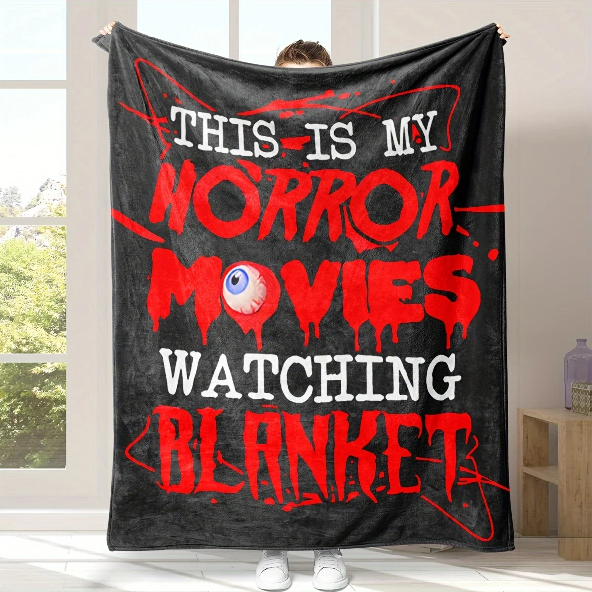 Halloween Horror Movie Blanket Black Red Eyeball Print Soft Plush Spooky Design Home Decor Sofa Couch Movie Night Watching Gift