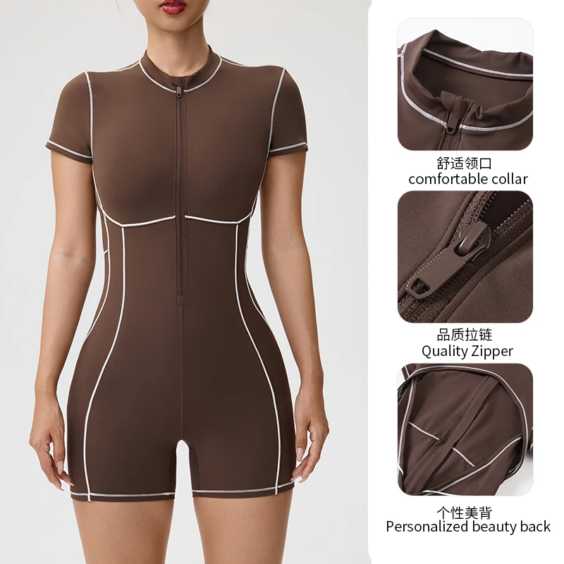 Women's Summer Fitness Sports Yoga Jumpsuits Rompers Casual Zip-up Short Sleeve Gym Bodysuitsfashion Female Running Overalls
