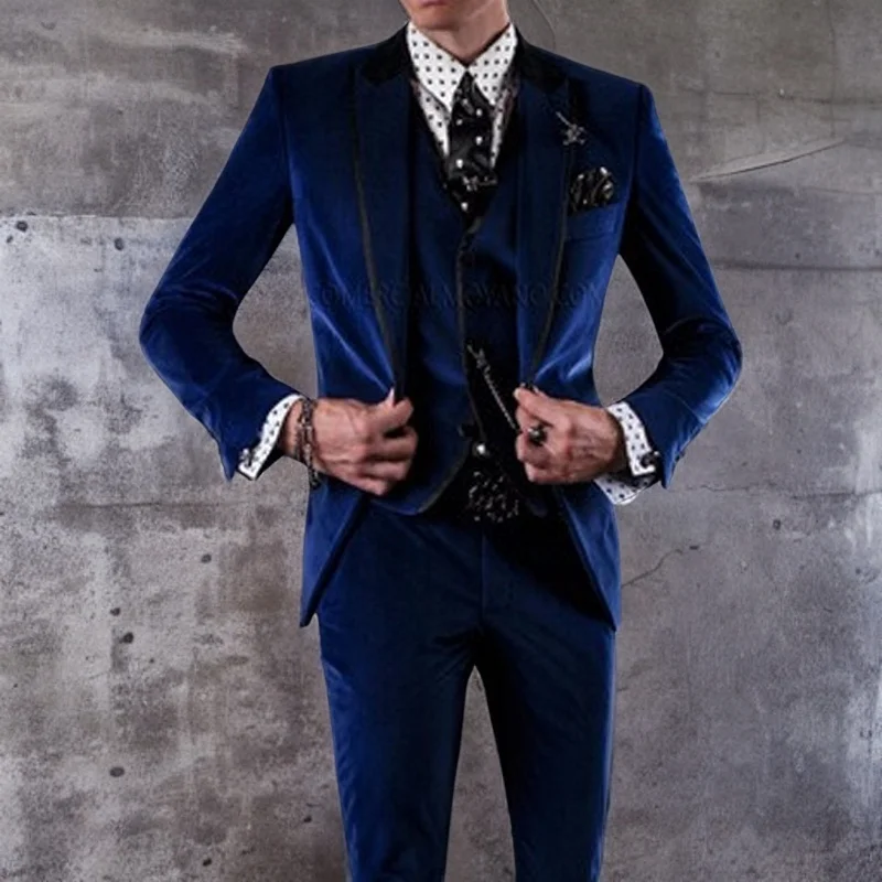 Royal Blue Velvet Groom Tuxedos for Wedding Men Suits 3 Piece Male Fashion Dinner Wear Jacket with Pants Vest 2023 Male Costume