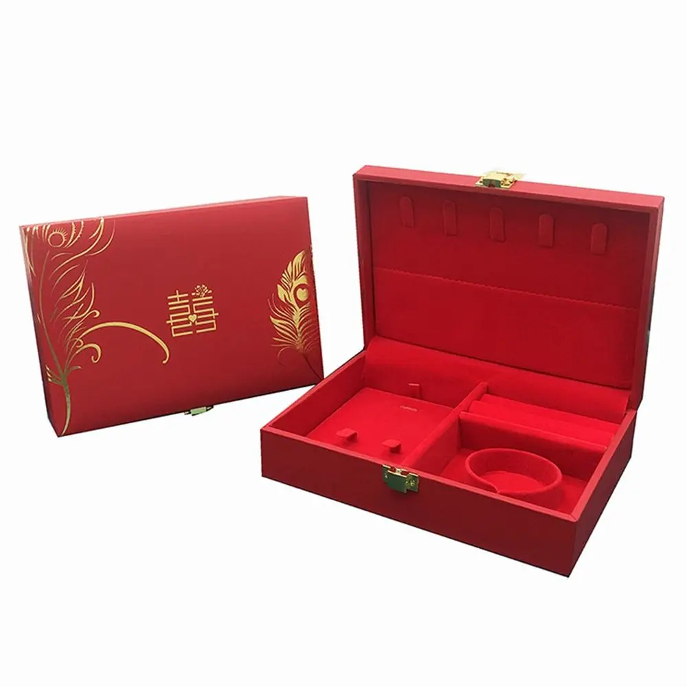 

Dragon and Phoenix Golden Jewelry Set Storage Box Velvet Vintage Bracelet Necklace Gift Case Red with Clasp Closure