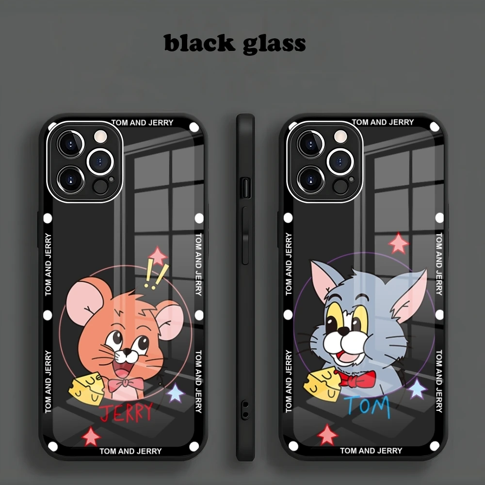 J-JerryS Mouse Tom  for Iphone 15 14 13 12 11 Pro Max X XS XR 7 8 Plus 2020 SE Metallic Paint Glass Mobile Phone Case