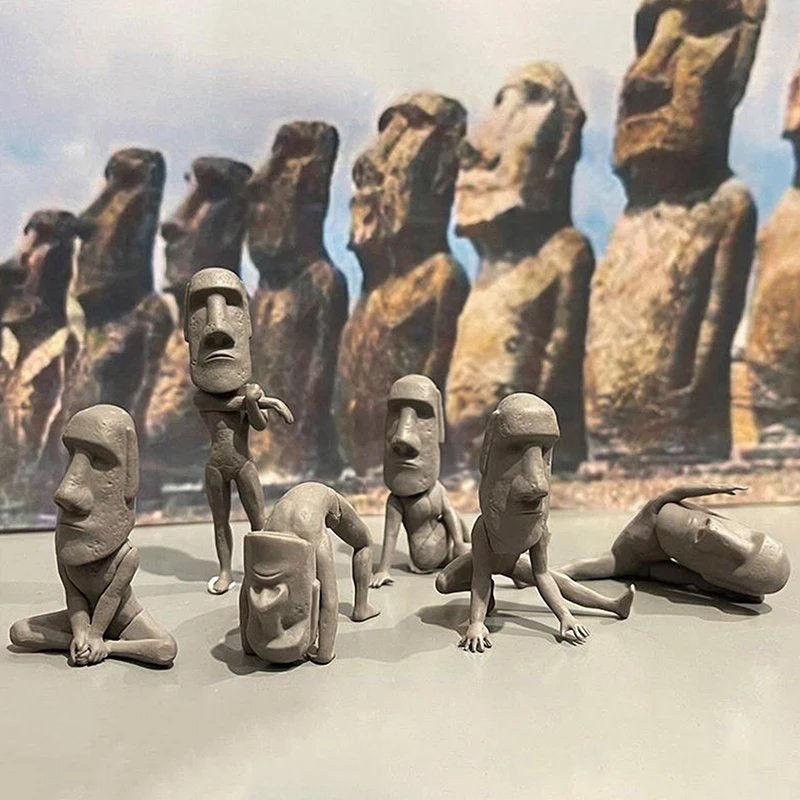 5/6PCS Moai Statue Set Easter Island Moai Sculpture PVC Stretching Exercise Moai Decor Mini Desk Figurines Desktop Decoration