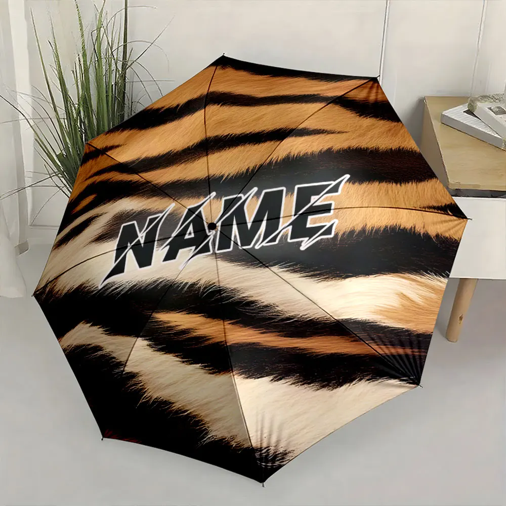 Custom Name Umbrella, Tiger Print Umbrella with Bold Text Design Folding Umbrella for Sunny and Rainy,Gift