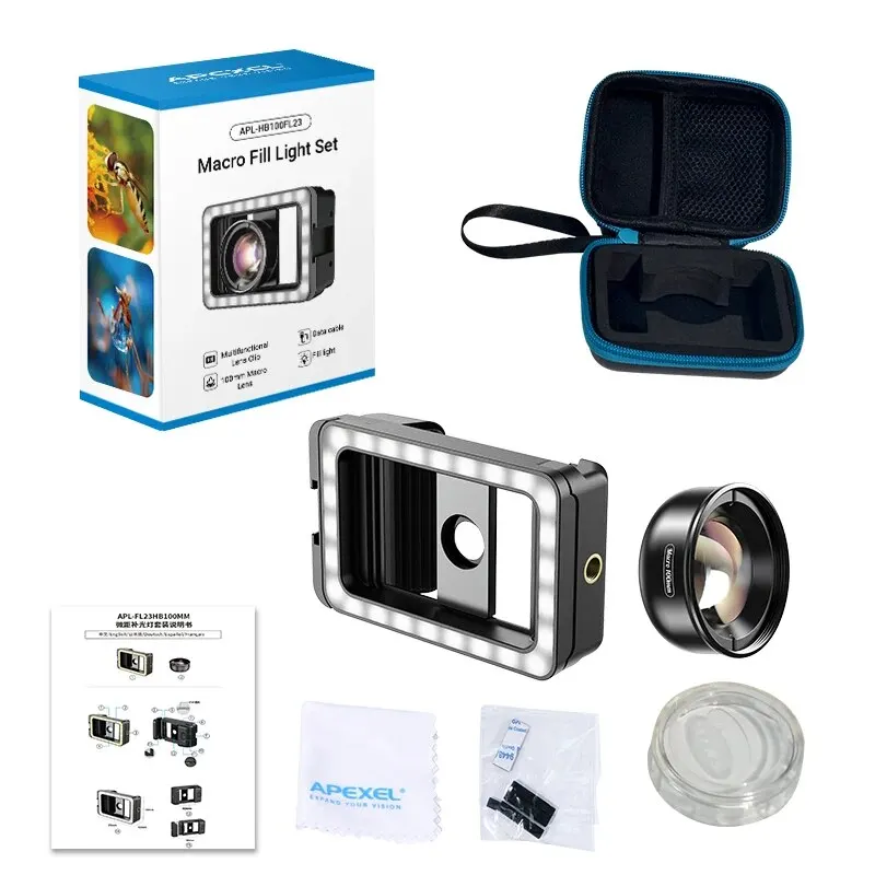 APEXEL جديد Upgrated 4k HD مع عدسة ماكرو عالمية مع مصباح ليد ملئ بمشبك عدسات صغيرة لهاتف آيفون وسامسونج جميع الهواتف الذكية
