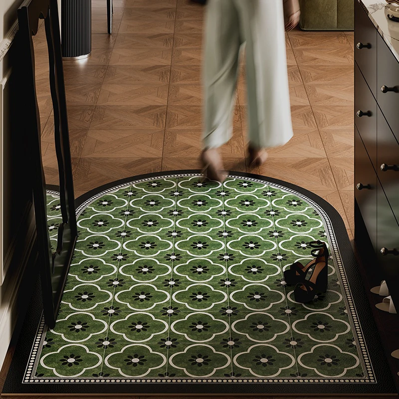 Entrance Door Mat Anti-slip Waterproof Dirt-resistant Carpet Retro Green Plaid Pvc Leather Rug Semicircle Home Decor Floor Mats