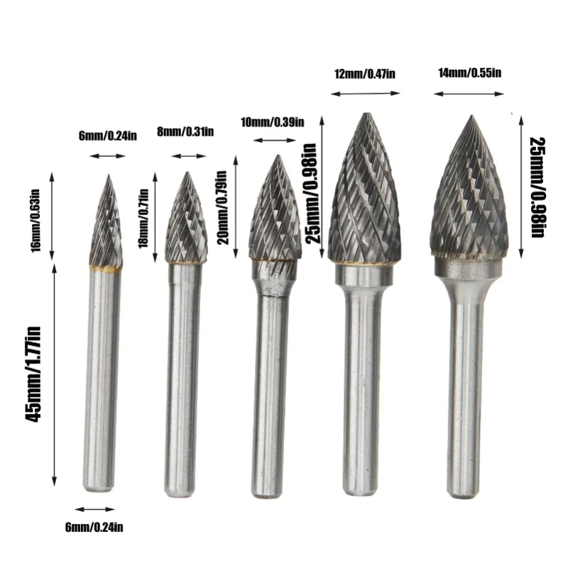 5 Pcs Double Cut Carbide Rotary File Set With 6mm/0.24in Shank For Aviation Automobile Ship
