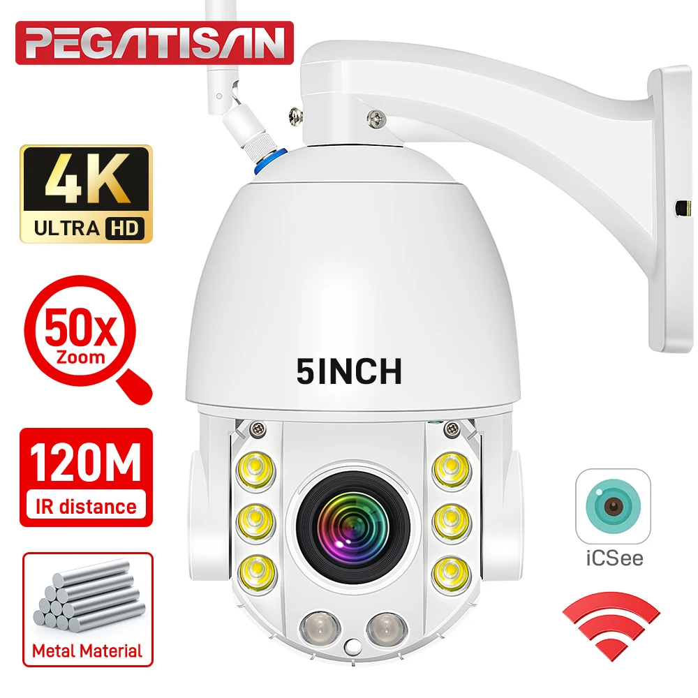 PEGATISAN 4K 8MP HD WiFi Security Camera Outdoor 50X Zoom 120M IR Distance PTZ IP Cam Auto Tracking Metal Shell Surveillance