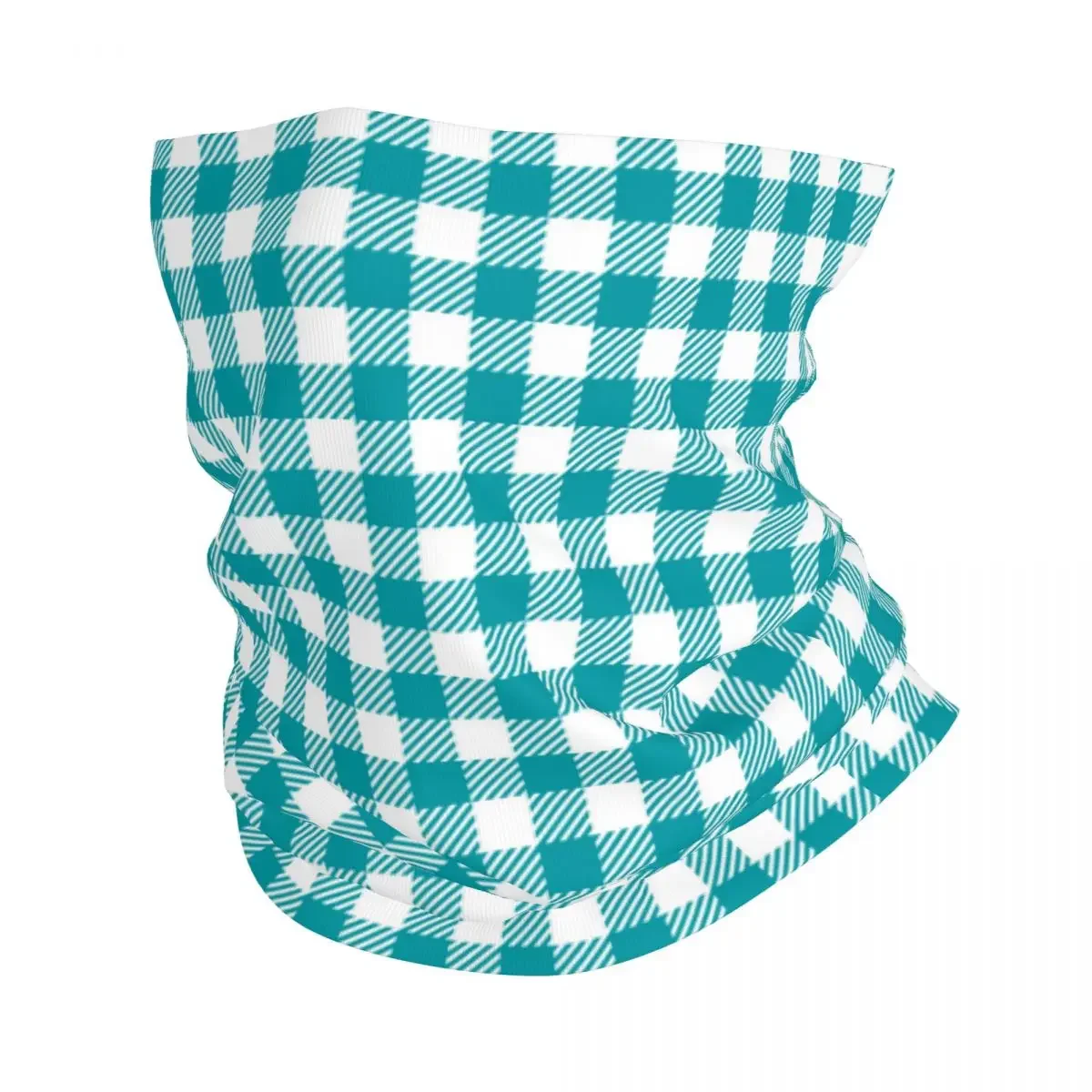 Turquoise Checkered Plaid Bandana Winter Neck Warmer Women Windproof Wrap Face Scarf for Ski Geometric Gingham Gaiter Headband