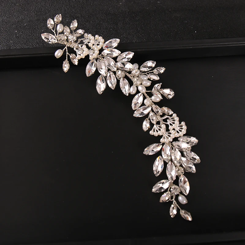 New Design Simulated Pearls Headbands Big Crystal Leaf Hairbands Wedding Hair Accessories Silver Color Women Jewelry Headpiece