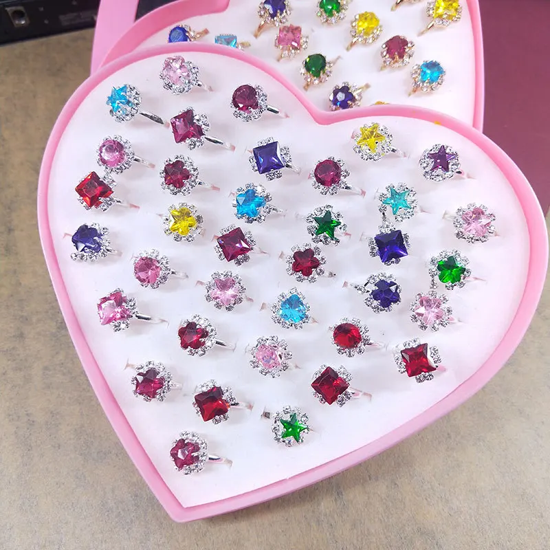 36pc Shiny Adjustable Children\'s Cartoon Rings Candy Crystal Star Flower Shape Ring Mix Finger Jewellery Rings Kid Girls