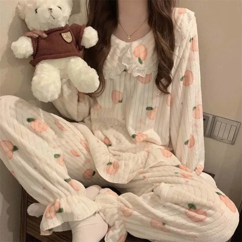 Cartoon Women Pyjamas Warm Flannel Sleepwear Pajama Sets Girl Pijama Set Suit Pant Home Korean Peach Sleep Lace Sleepwear