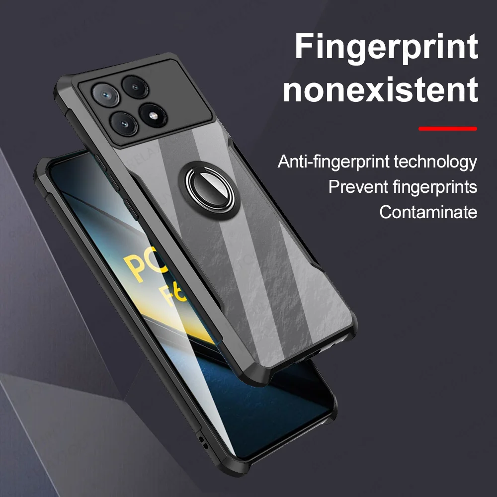 Acrylic Ring Bracket Case For Xiaomi Poco F6 Pro 5G Lens Protect Shockproof Transparent Cover Coque PocoF6 PocoF6Pro Poxo F6Pro