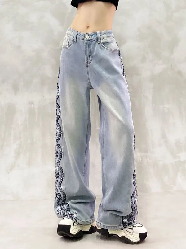 

Slimming High Waist Straight Leg Jeans Women's Loose Narrow Version Wide Leg Floor Length Pants Embroidered Diamond Stitch
