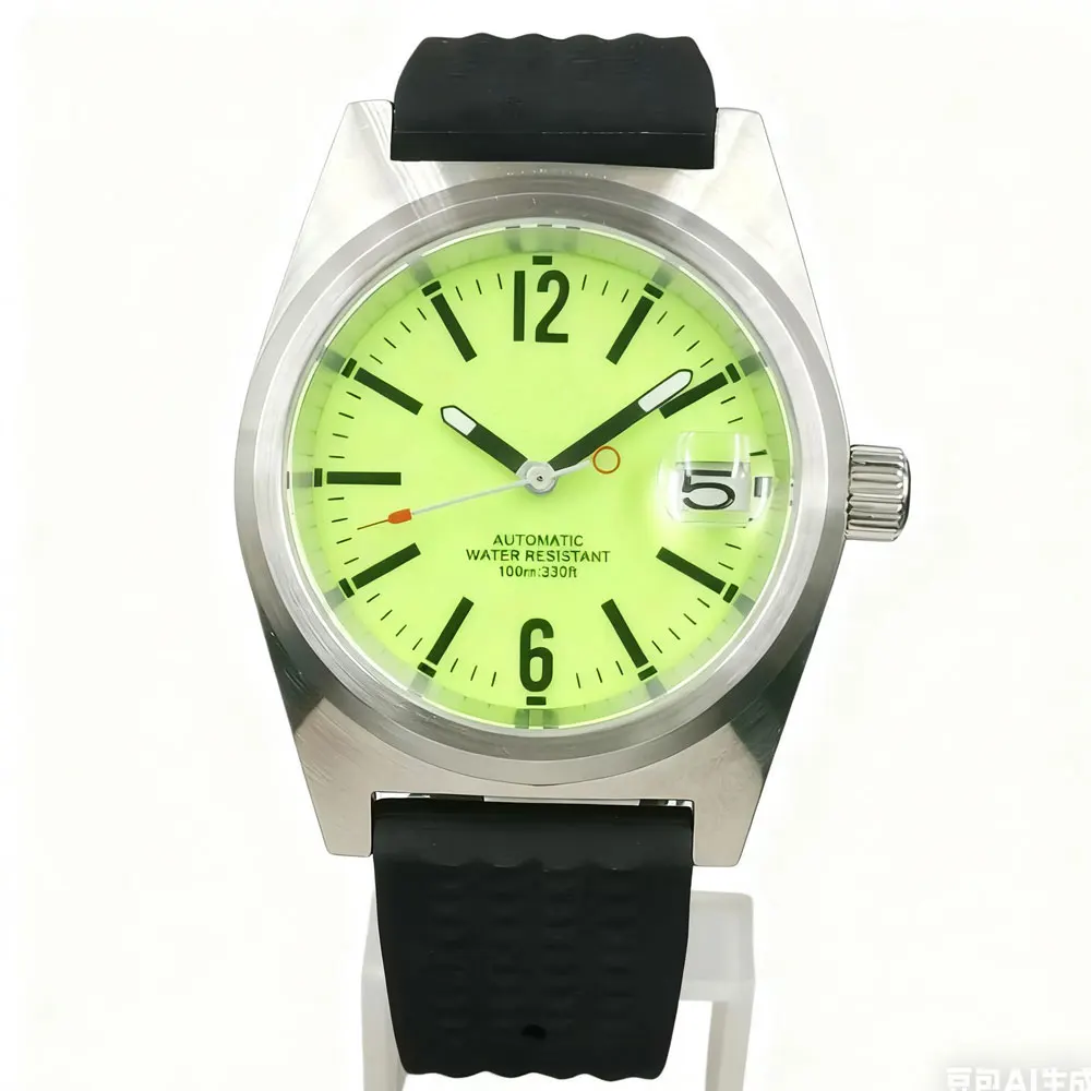 맞춤형 로고 38MM 고급형 올루미너스 NH35 기계식 남성 시계 고무 스트랩 사파이어 글라스 캘린더 남성 자동 시계
