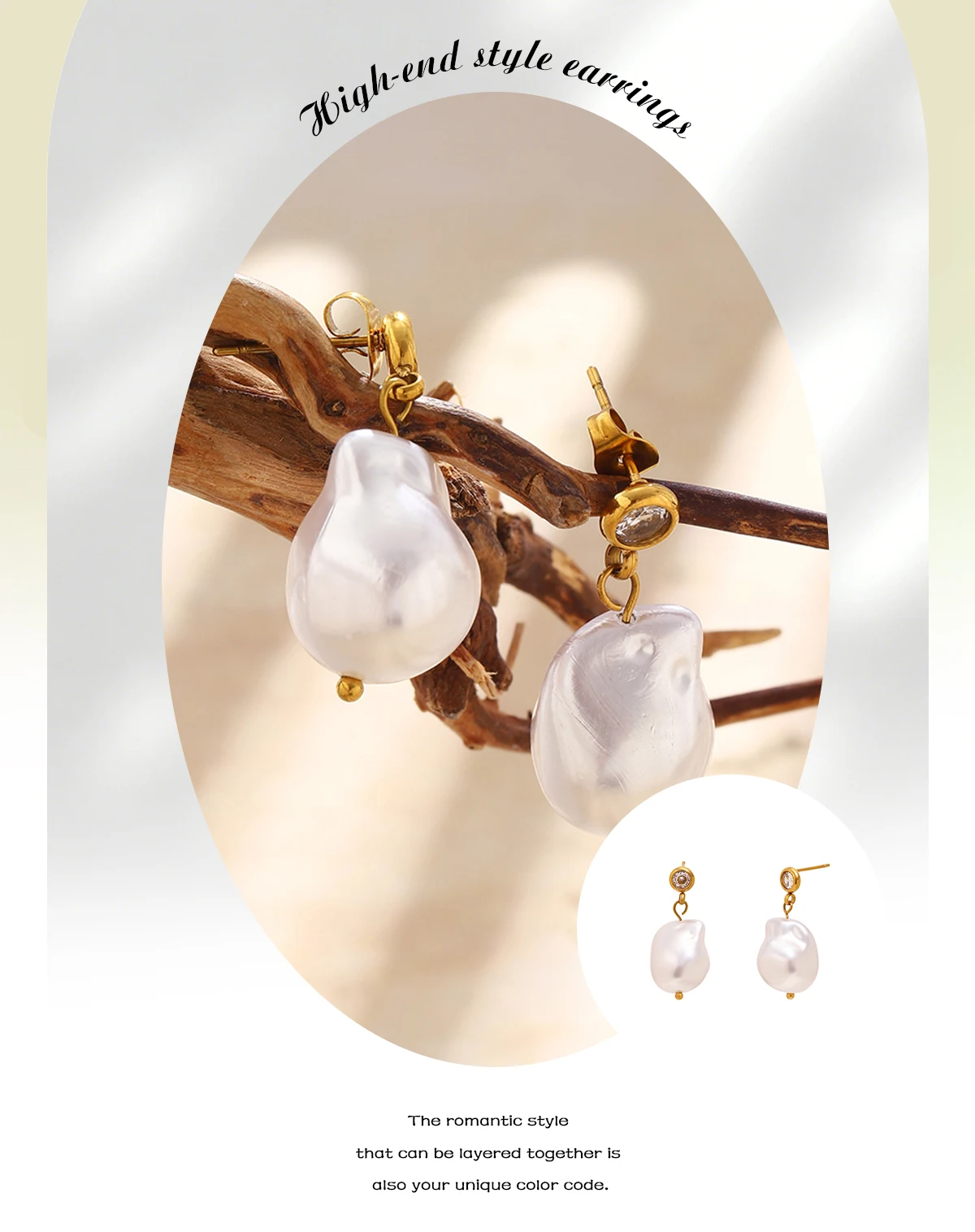 E.B.belle Elegante unregelmäßige Perlen-Ohrstecker, 18 Karat vergoldete Edelstahl-Ohrringe für Damen, minimalistischer zarter Schmuck – Detail 2