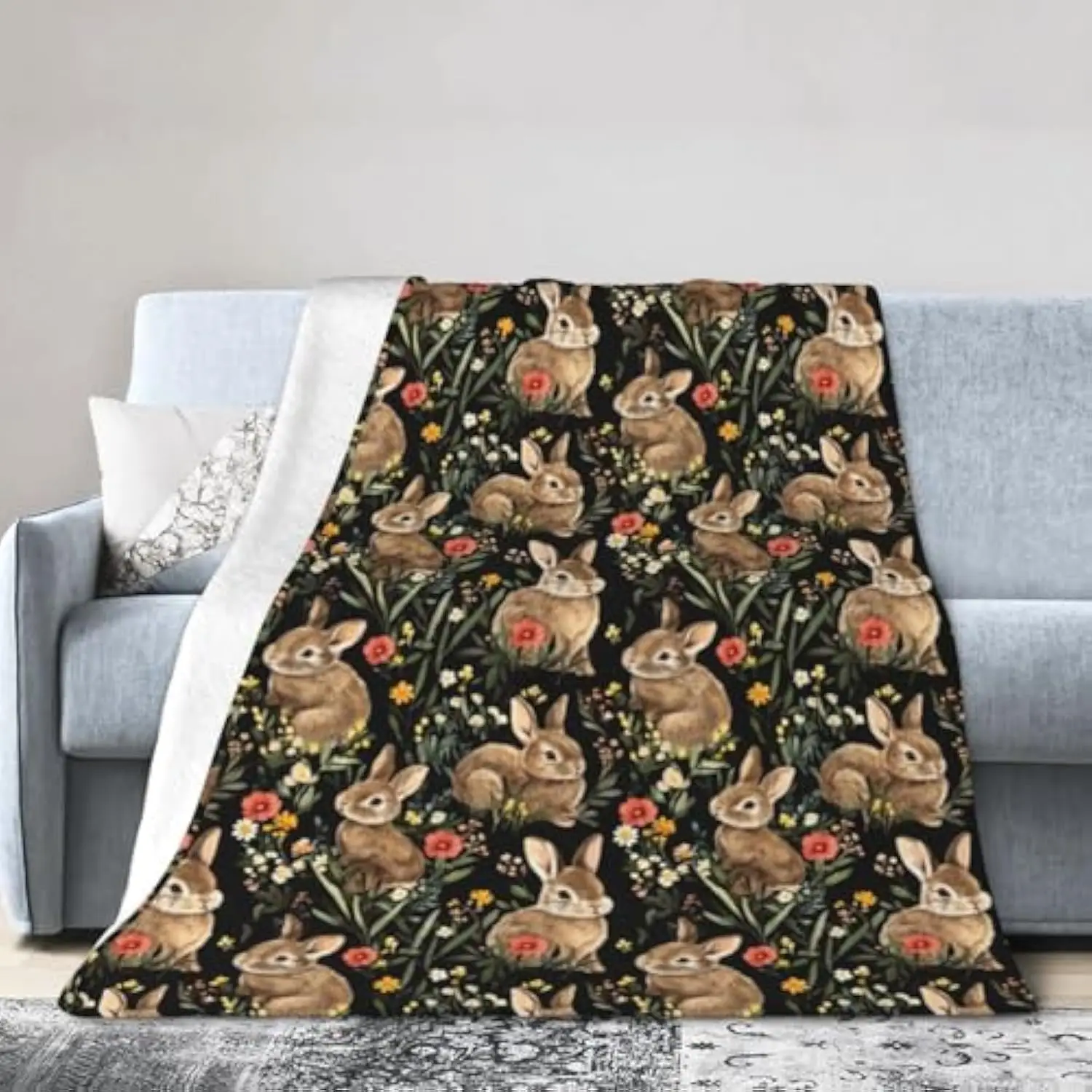 

Bunny Rabbit Floral Print Throw Blanket Soft Cozy Plush Fleece for Sofa Couch Bed Home Decor