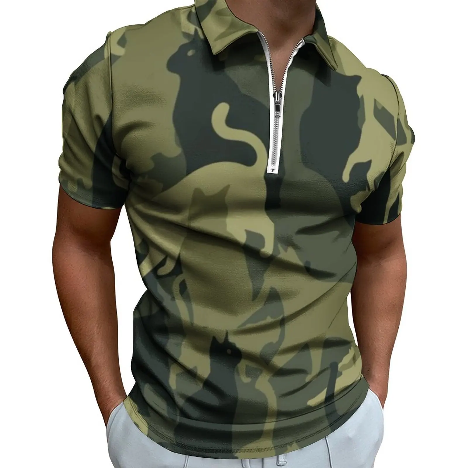 Cute Cat Camouflage Polo Shirt Abstract Camo Print Casual Shirt Date Street Style Man Short Sleeve Collar Design T-Shirts