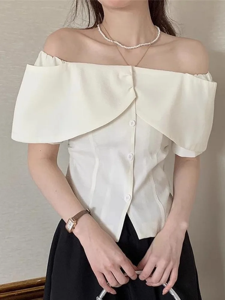 New Slash Neck Sexy Women Shirts Puff Sleeve Solid Slim Fit Crop Tops 2024 Camisas De Mujer Fashion Korean Sweet Ruffles Blouses