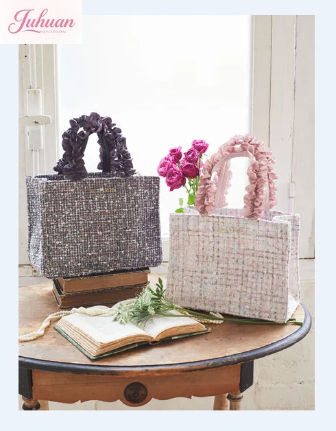 

Kawaii Japanese Sweet Cute Versatile Women's Shoulder Bag Lolita Thick Woolen Glitter Fabric Flower Pleated Handle Portable Bags