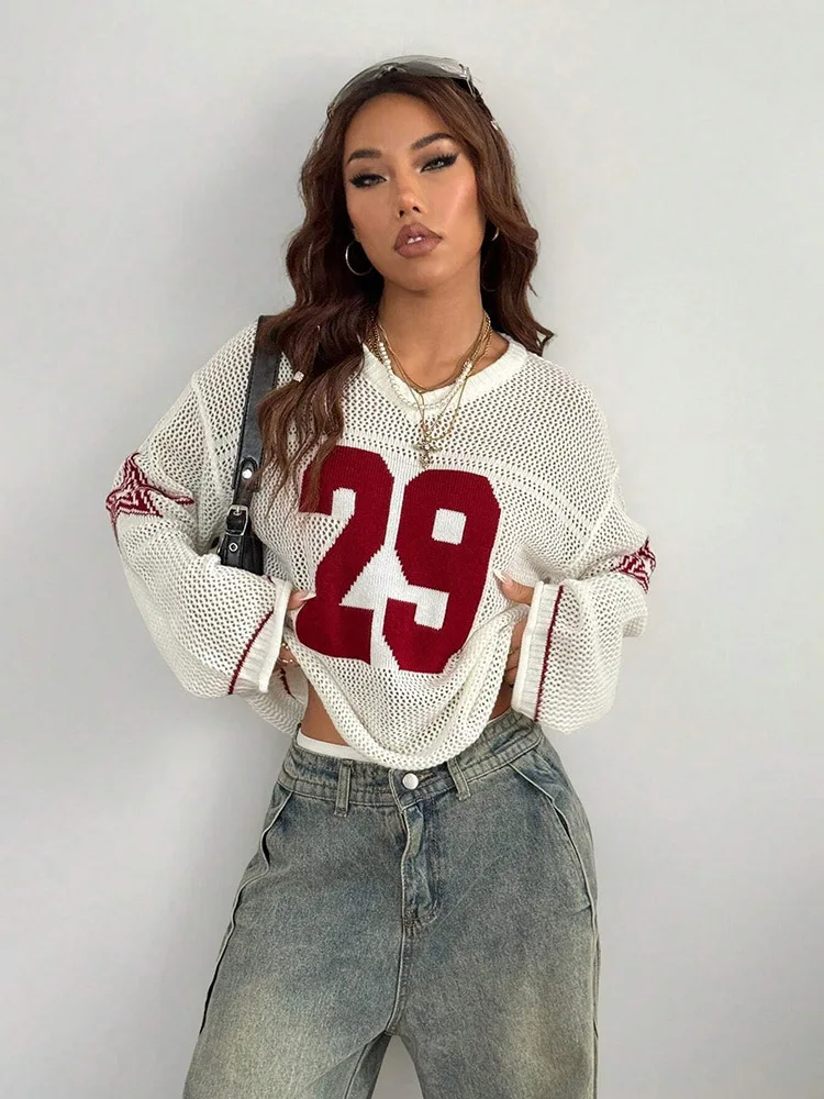 Y2K Style Sports Jersey Women's Knitted Tops Fashionable Digital Printed Round Neck Long Sleeve Jumper 2025 Summer Street Trend