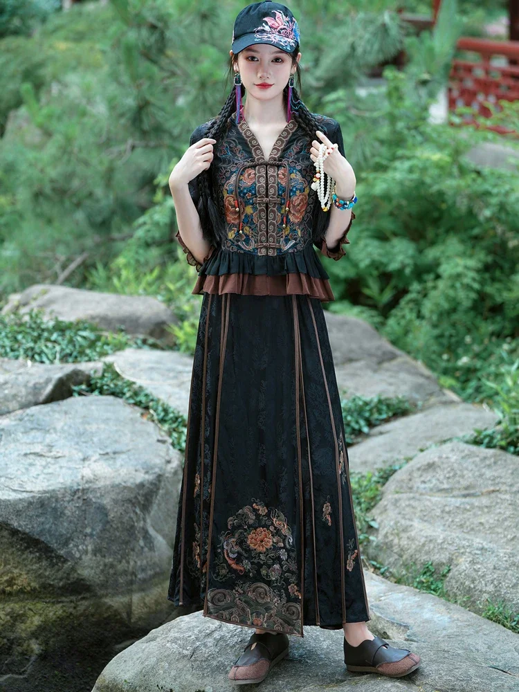 Fato de vestido bordado feminino, Hanfu, estilo étnico, verão