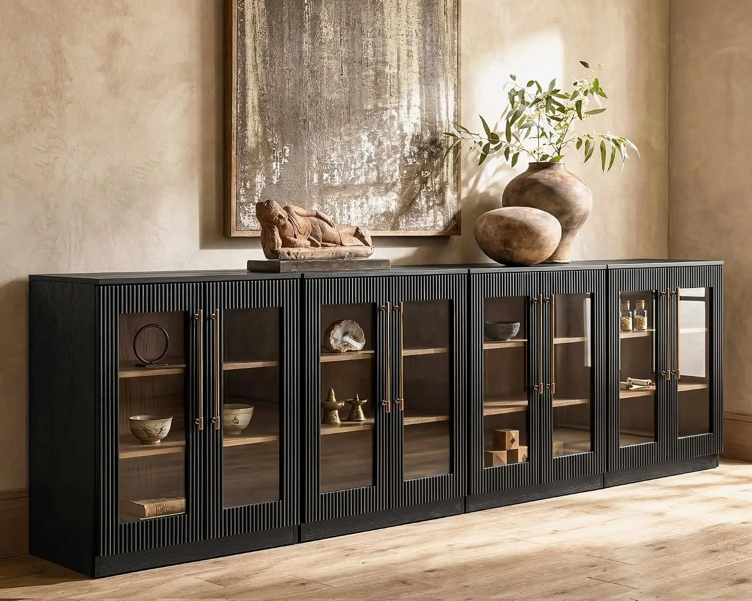 Handmade Fluted Sideboard Cabinet with Glass Door, 124